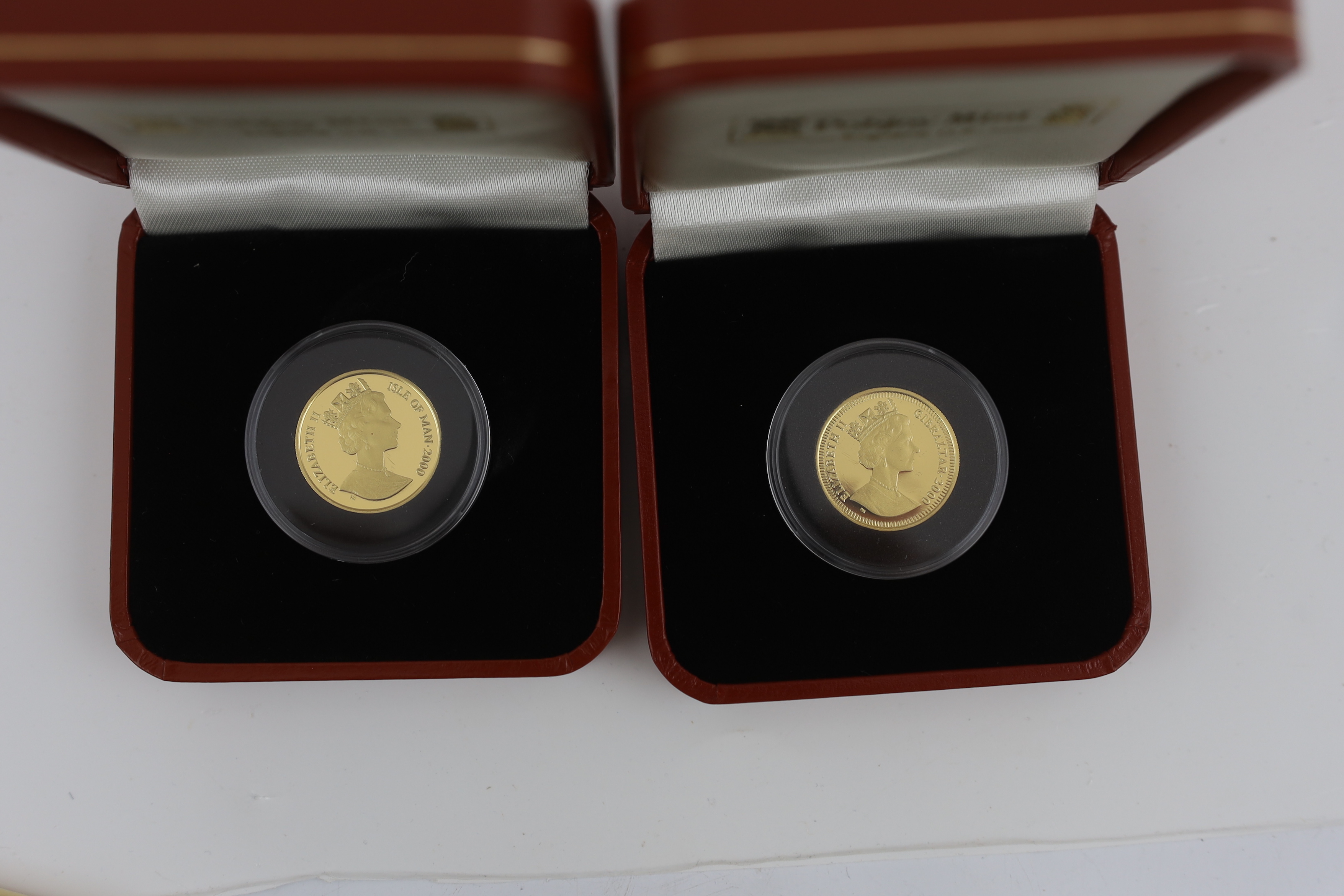 Gold coins - Two Pobjoy mint Isle of Man proof gold 1/5 crown coins, each 6.22g, 999.9/1000 purity